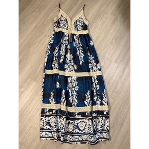 ChicMe Blue White Floral Crochet Lace Tiered Boho Maxi Dress Large Smocked Back